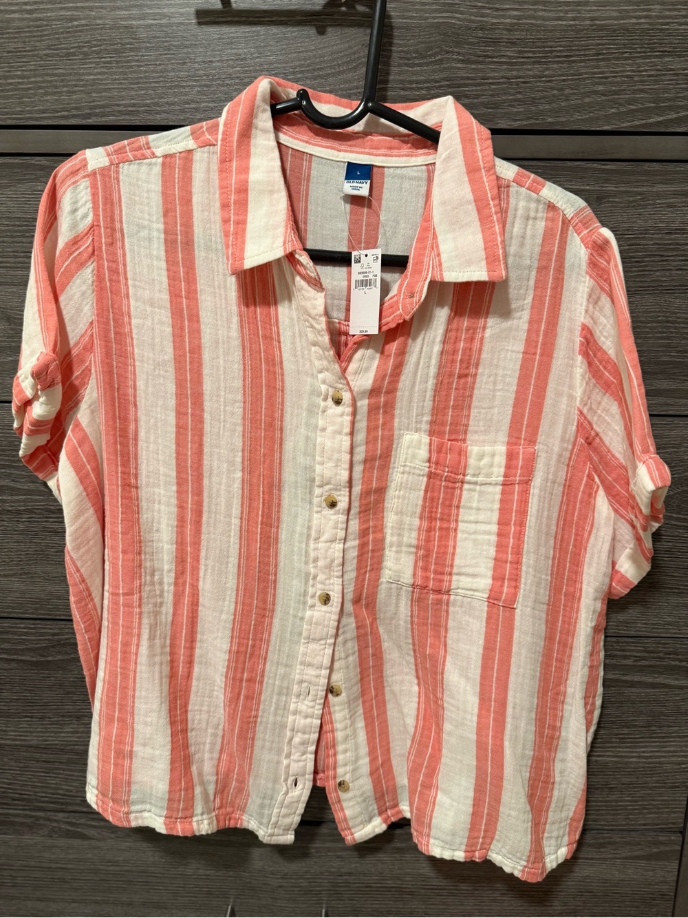 OLD NAVY Lightweight Button-Up Shirt with Coral & Cream Stripes - Size L